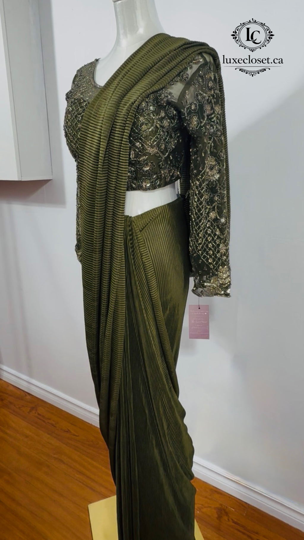 Designer Olive green pre-drapped saree