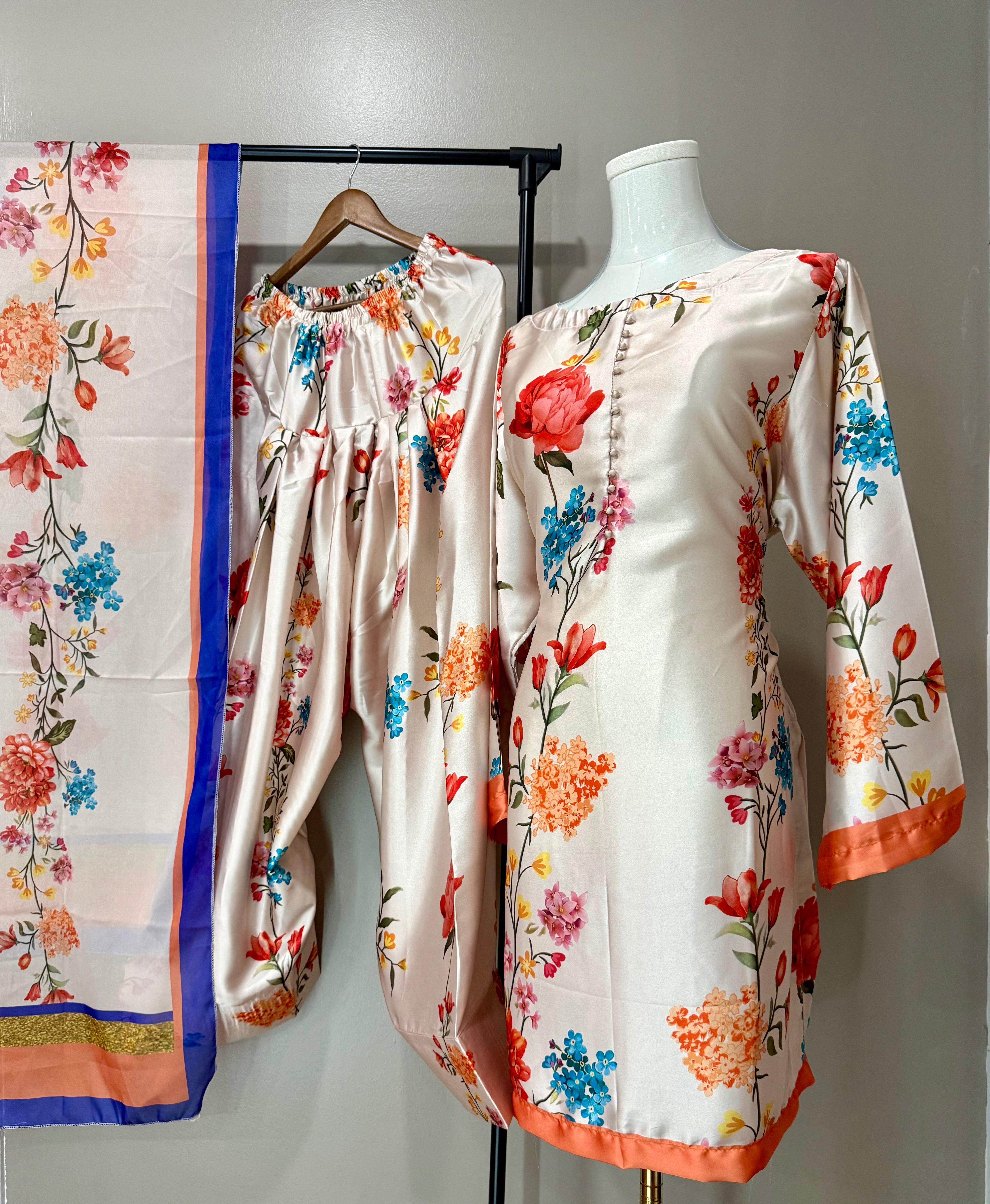 Ivory Floral Satin  Farshi Salwar Suit