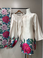 Rich Pink & Teal Floral Ivory base Farshi Salwar Suit