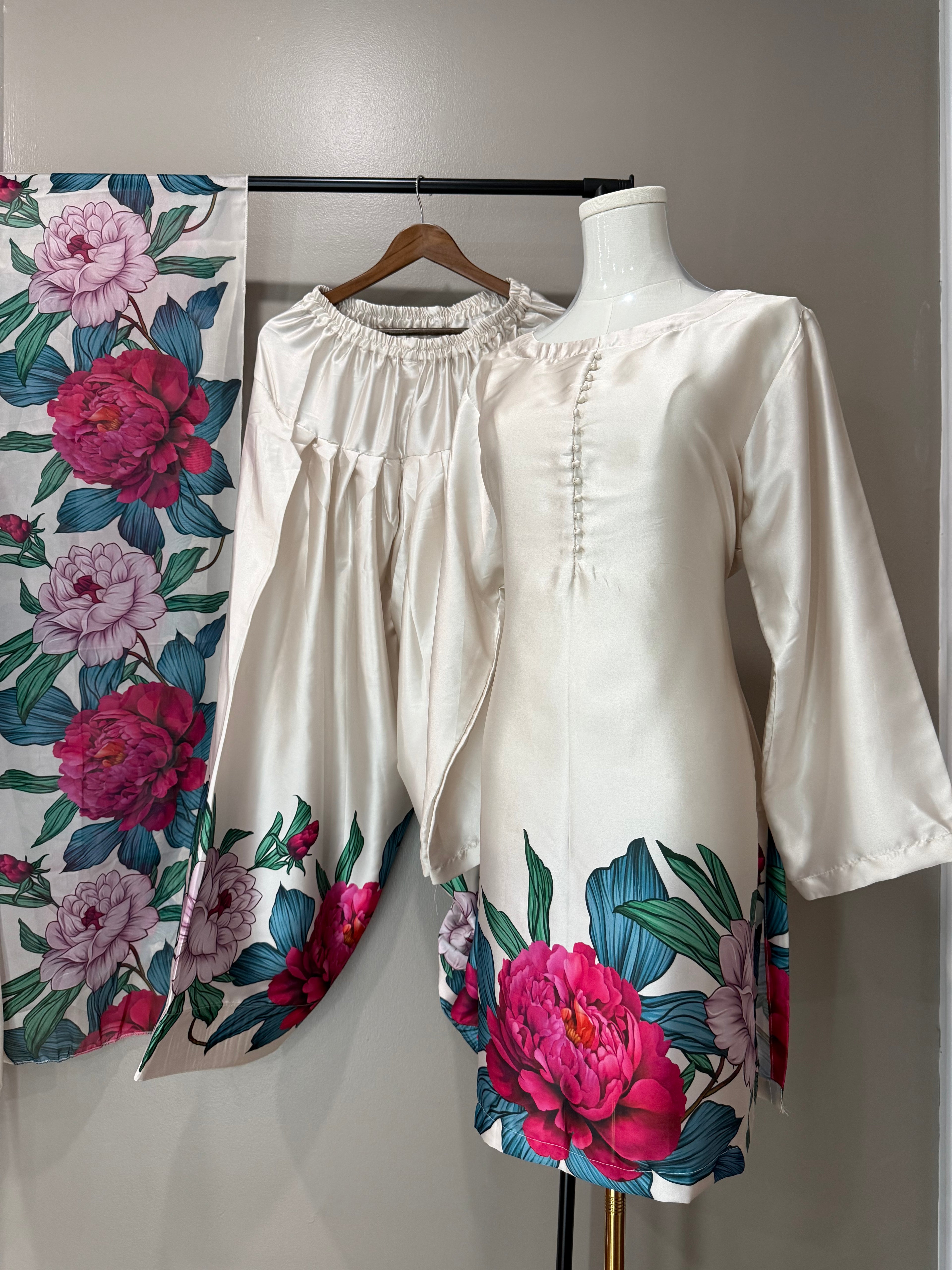 Rich Pink & Teal Floral Ivory base Farshi Salwar Suit