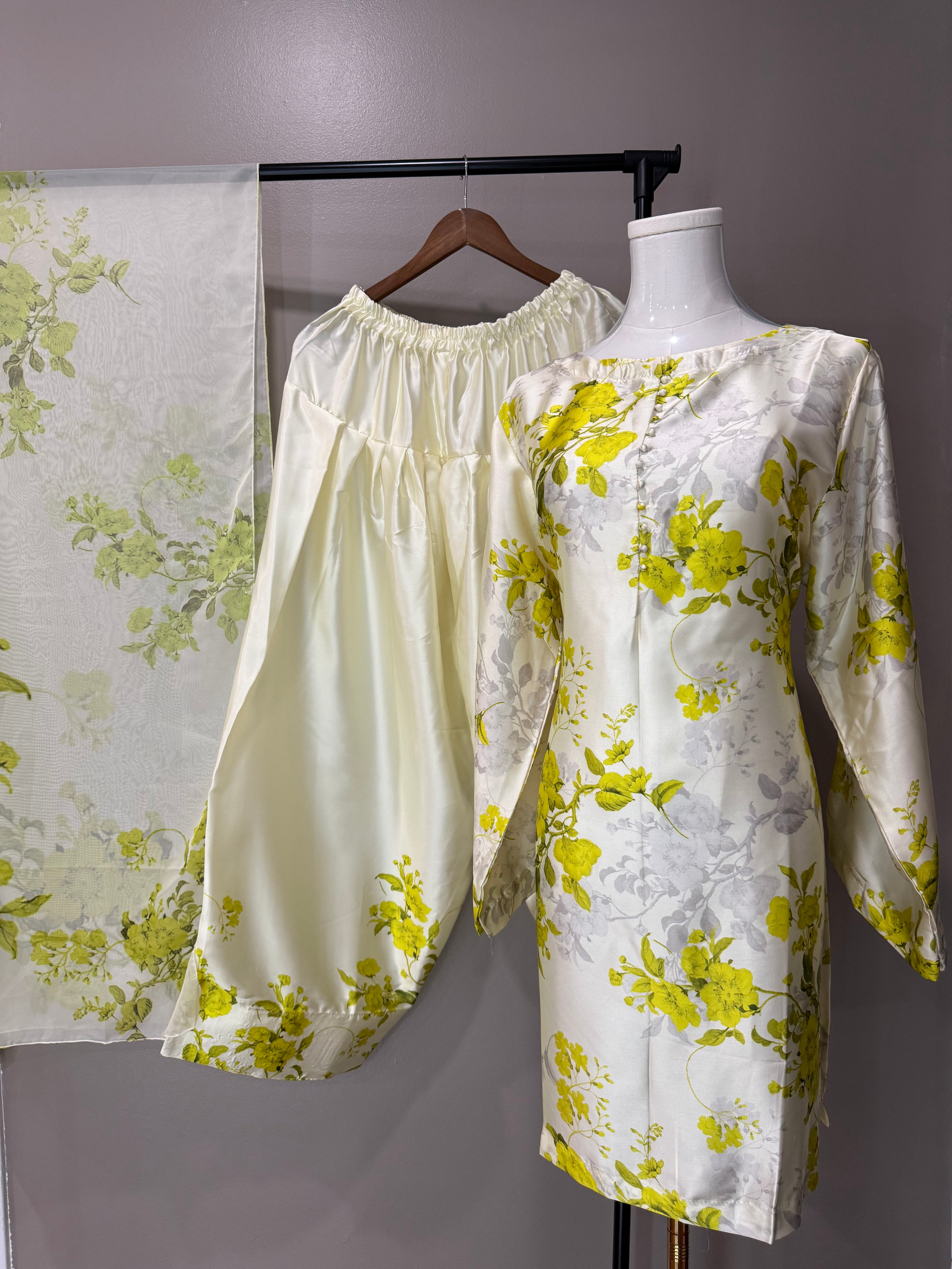 Yellow floral Ivory base Farshi Salwar Suit