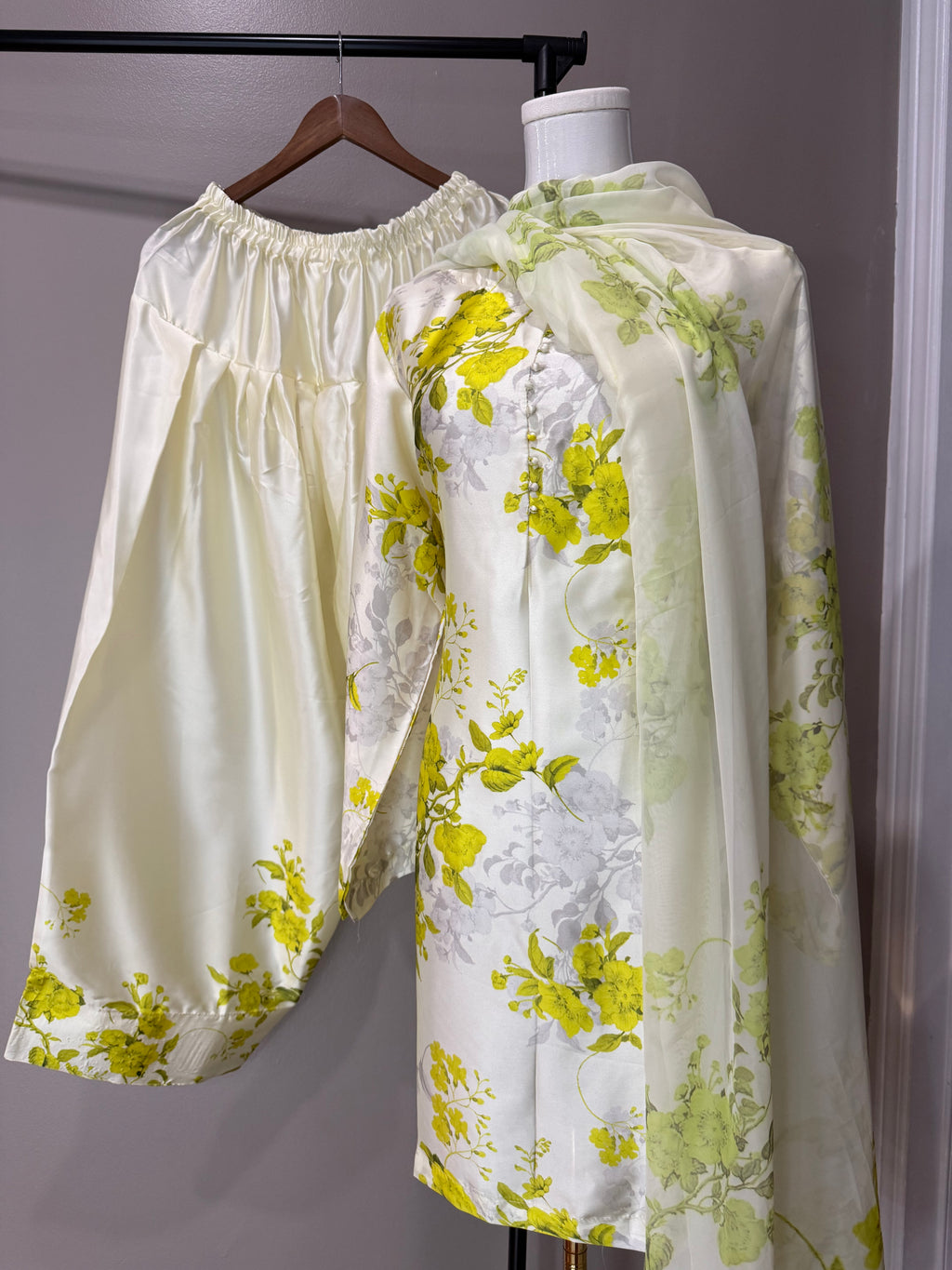 Lime Yellow floral Ivory base Farshi Salwar Suit