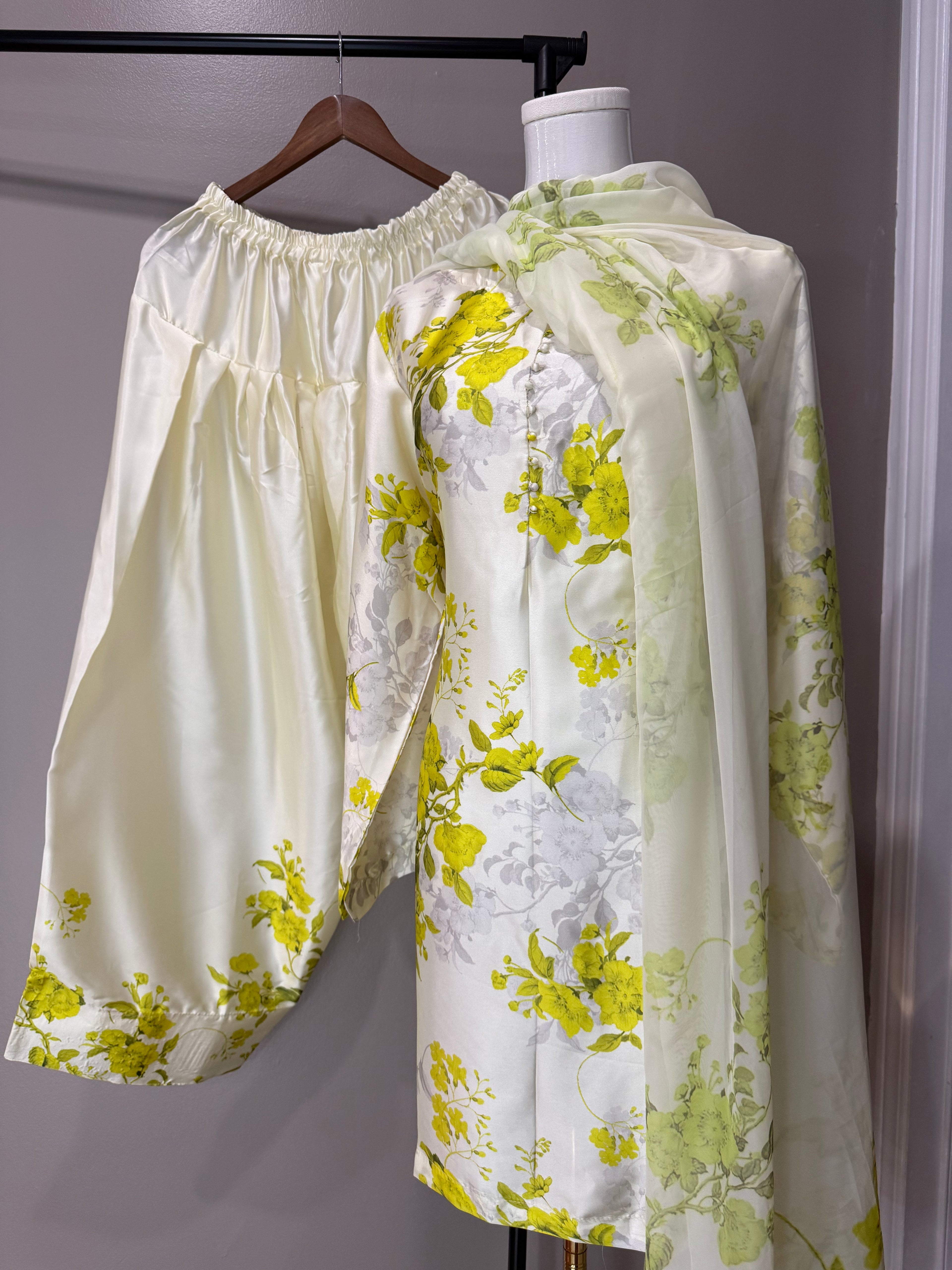 Yellow floral Ivory base Farshi Salwar Suit