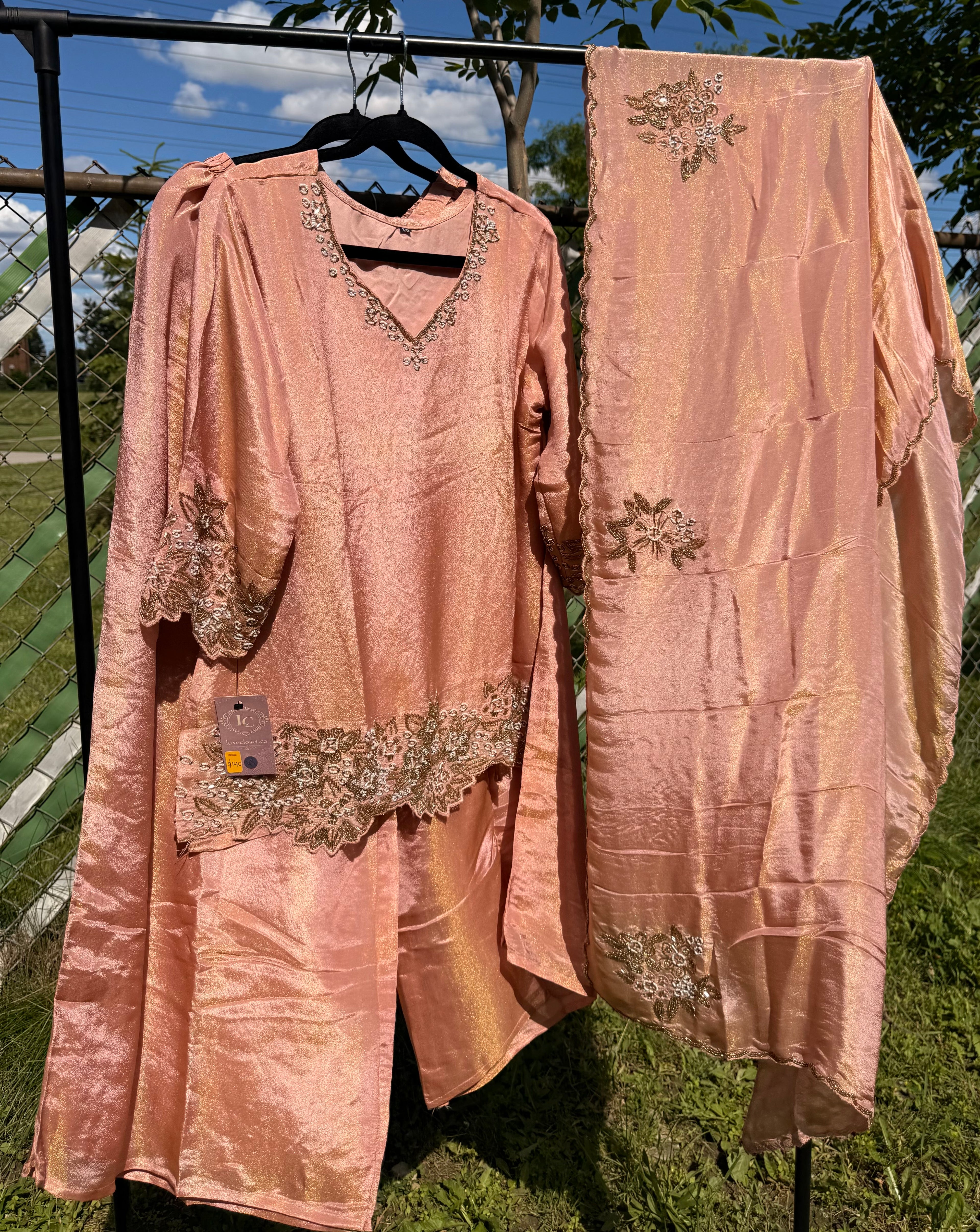 Designer Heavy Katdana and Beads work 3 piece Plazo suit in  Peach Color
