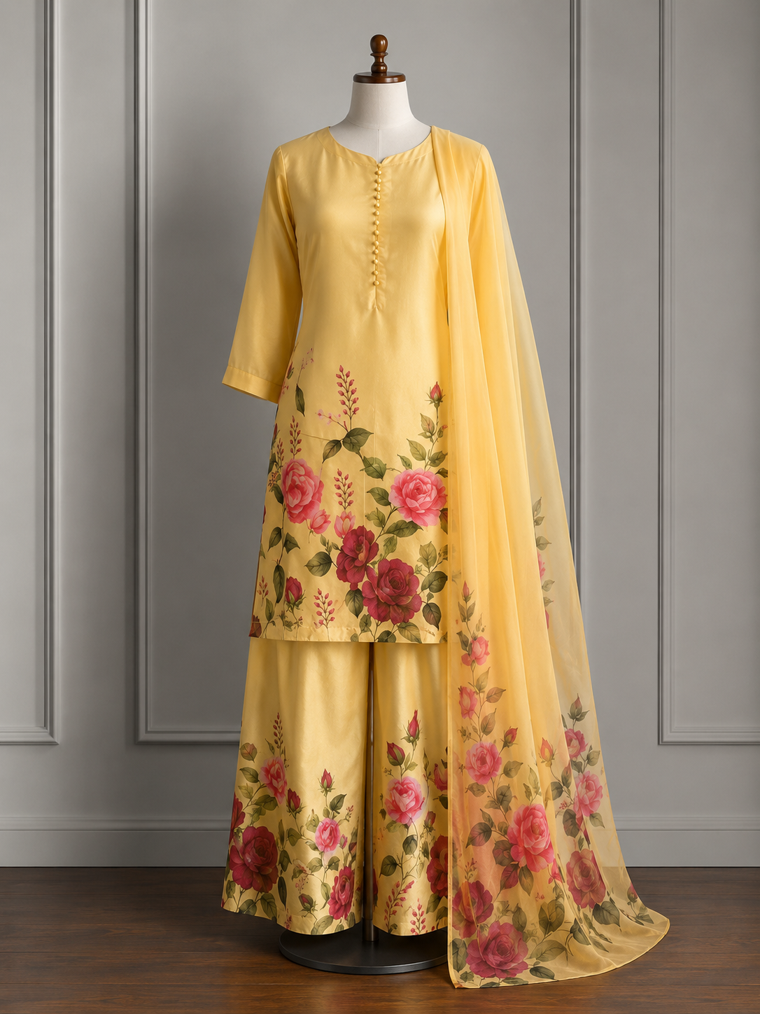 yellow floral farshi salwar suit